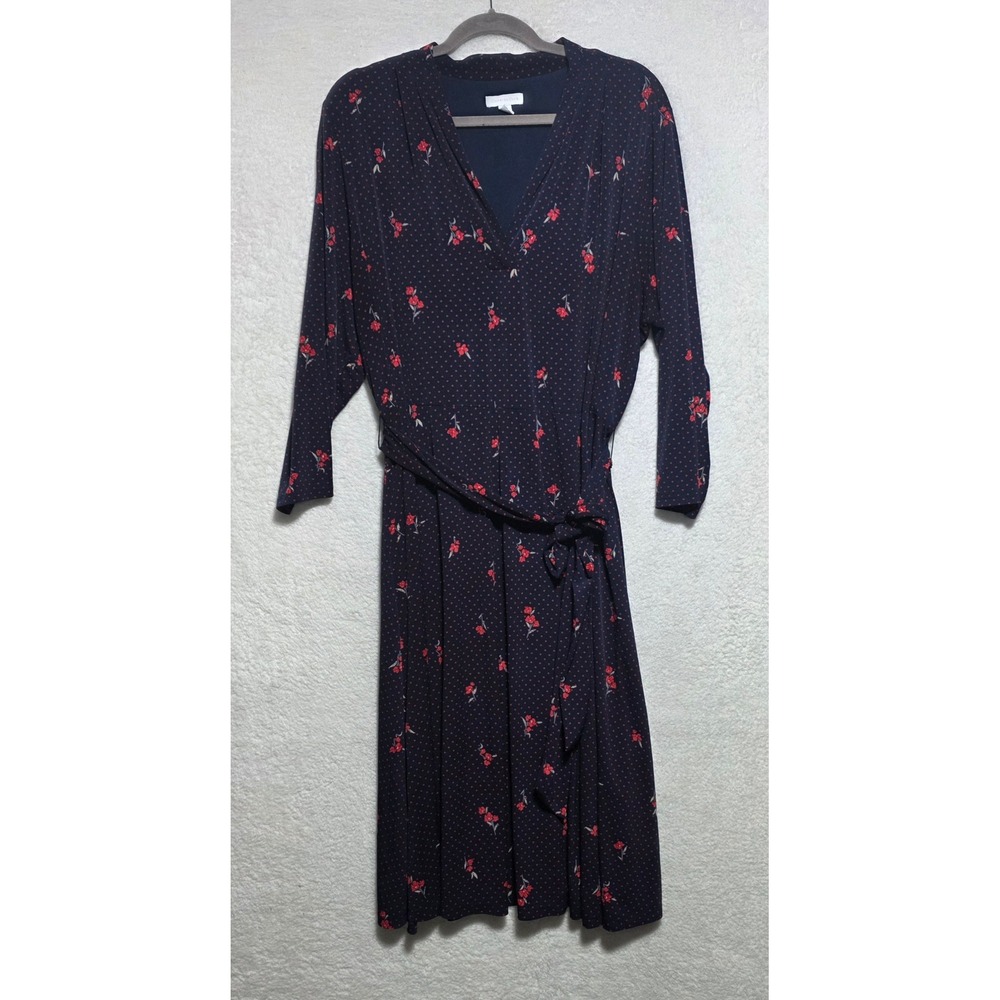 Charter Club Navy Blue Floral Polka Dot Faux Wrap Dress Plus Size 3X V-Neck